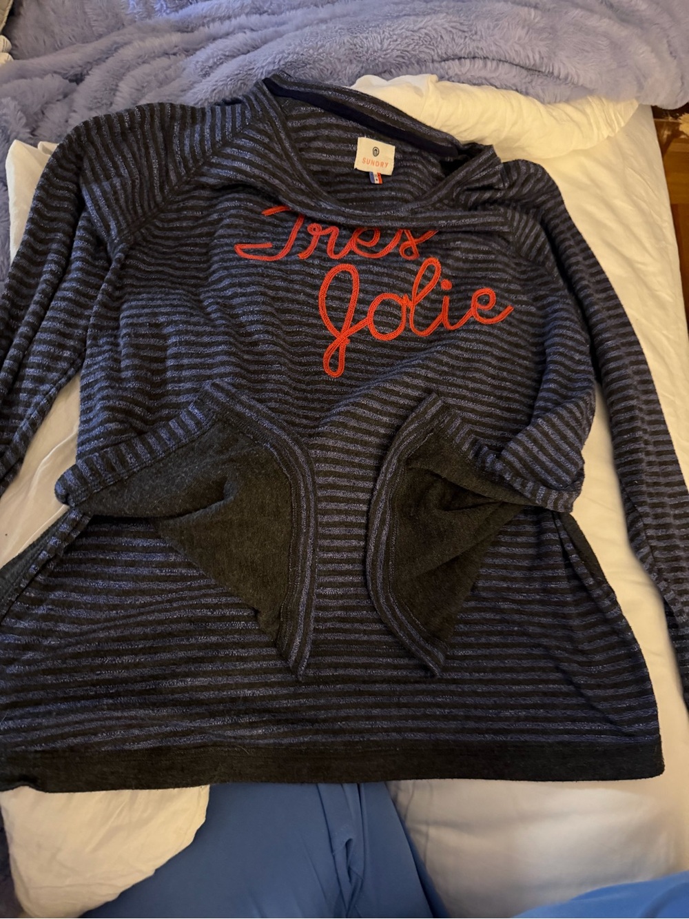 Sundry Navy & Charcoal Striped Pullover with Red Script Detail